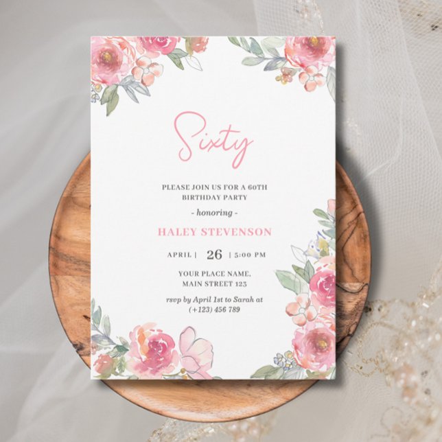Invitación Acuarela Flores Rosadas Sesenta Cumpleaños Boho Ch (Subido por el creador)