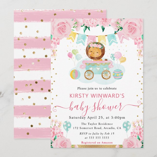 Invitación Acuarela Flores Rosadas Shower de Bebé León (Anverso / Reverso)