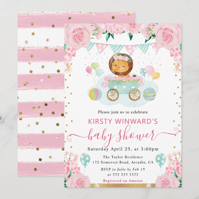 Invitación Acuarela Flores Rosadas Shower de Bebé León (Anverso / Reverso)