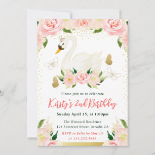 Invitación Acuarela Flores Rosadas y Cumpleaños de Cisne