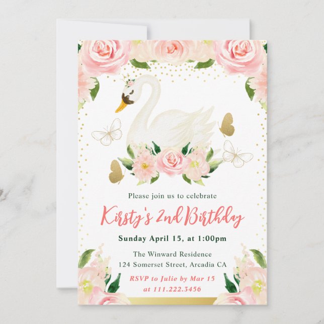 Invitación Acuarela Flores Rosadas y Cumpleaños de Cisne (Anverso)