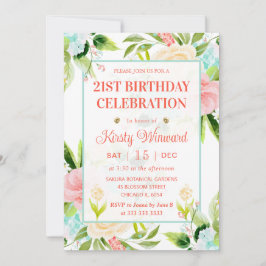 Invitación Acuarela Flores Rosadas y Menta Cumpleaños