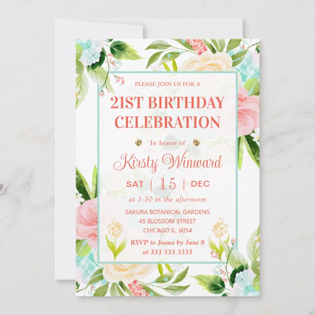 Invitación Acuarela Flores Rosadas y Menta Cumpleaños (Anverso)