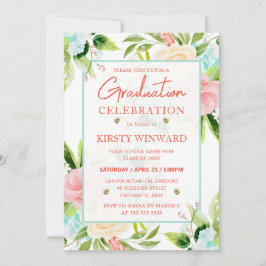 Invitación Acuarela Flores Rosadas y Menta Graduación