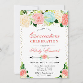 Invitación Acuarela Flores Rosadas y Menta Quinceañera