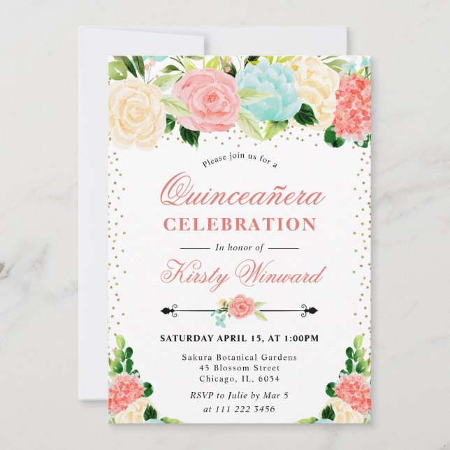 Invitación Acuarela Flores Rosadas y Menta Quinceañera (Anverso)