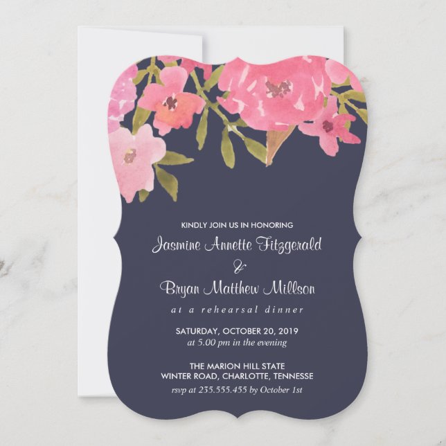 Invitación Acuarela Flores rosas Boda Ensayo Cena (Anverso)