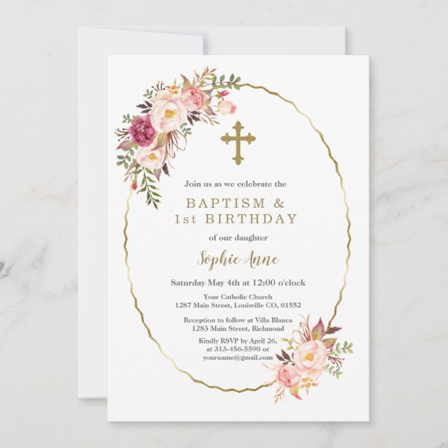 Invitación Acuarela Flores rosas Oro Cruzado Bautismo Chica (Anverso)