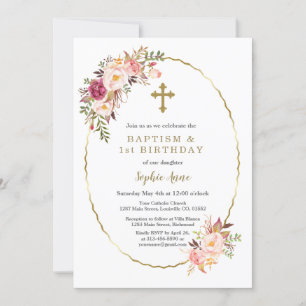 Invitación Acuarela Flores rosas Oro Cruzado Bautismo Chica