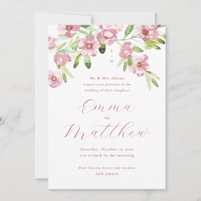 Invitación Acuarela Flores Rústicas Boda Rosa Rosado (Anverso)