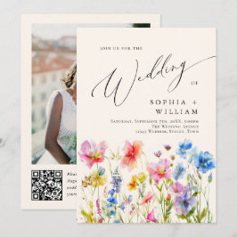 Invitación Acuarela Flores salvajes Boda Foto Código QR