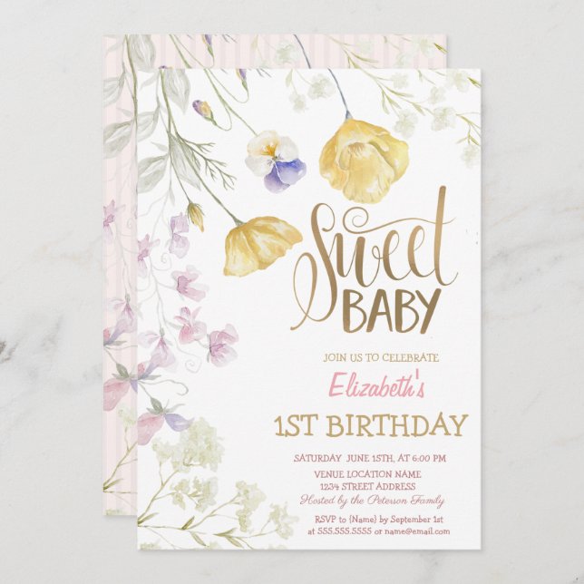 Invitación Acuarela Flores silvestres a rayas Cumpleaños (Anverso / Reverso)