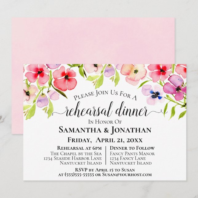 Invitación Acuarela Flores silvestres Boda ensayo y cena (Anverso / Reverso)