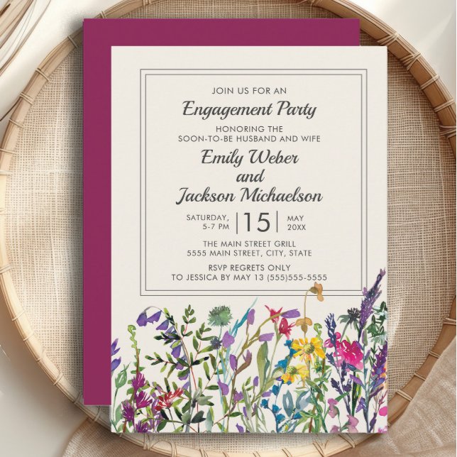 Invitación Acuarela Flores silvestres Crema Compromiso púrpur (Watercolor wildflowers engagement party invitation )
