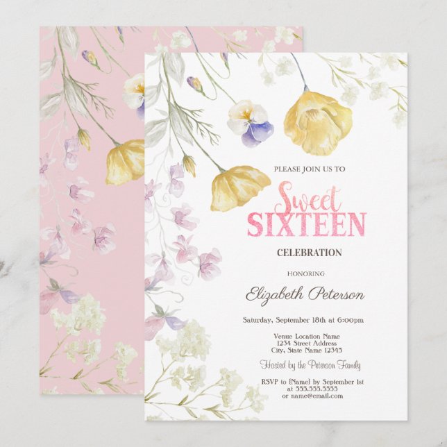 Invitación Acuarela Flores Silvestres Cumpleaños 16 (Anverso / Reverso)