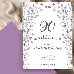 Invitación Acuarela Flores Silvestres Cumpleaños 90 de Mujer 