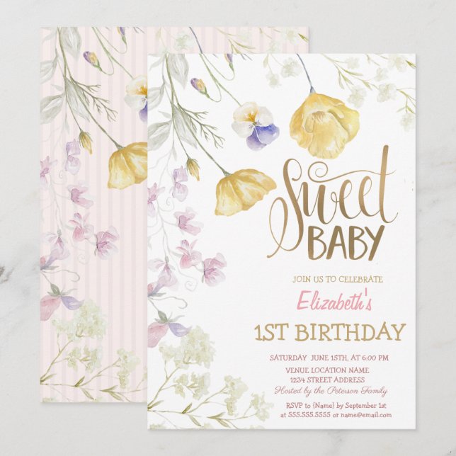 Invitación Acuarela Flores Silvestres Cumpleaños Rayado (Anverso / Reverso)