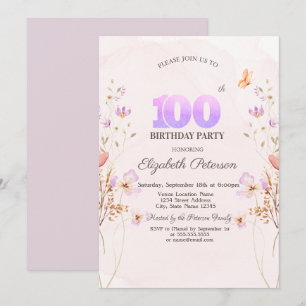Invitación Acuarela Flores Silvestres Mariposa Cumpleaños 100