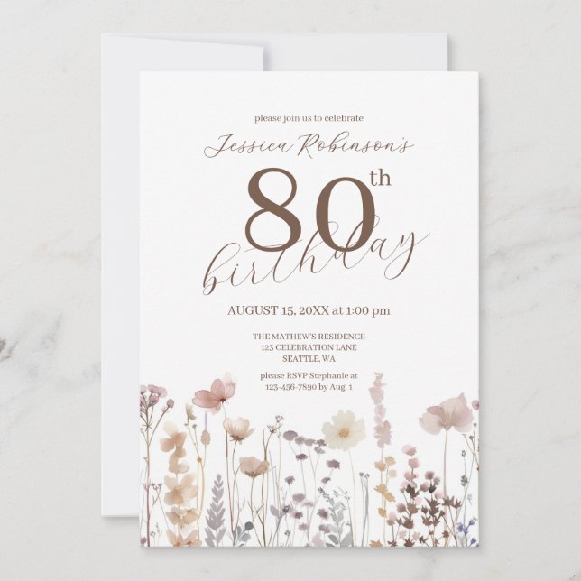 Invitación Acuarela Flores Silvestres Octogésimo Cumpleaños  (Anverso)