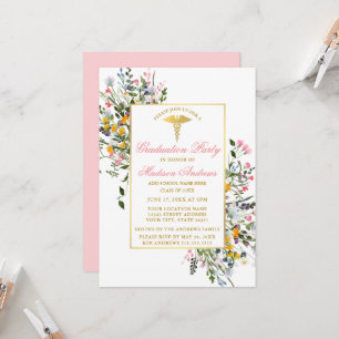 Invitación Acuarela Flores Silvestres Rosa Dorado Enfermera G