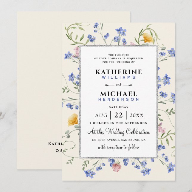 Invitación acuarela Flores silvestres rusticas pradera Reliev (Anverso / Reverso)