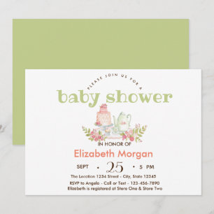 Invitación Acuarela Flores Tetera Baby Shower