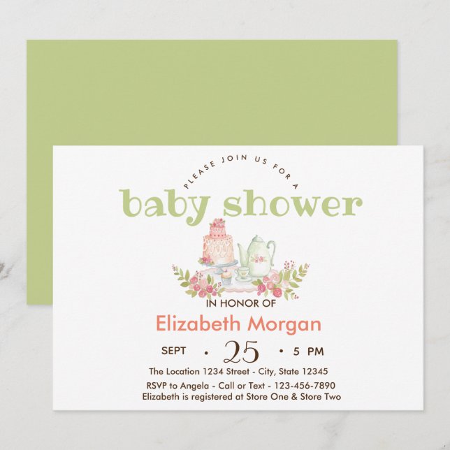 Invitación Acuarela Flores Tetera Baby Shower (Anverso / Reverso)