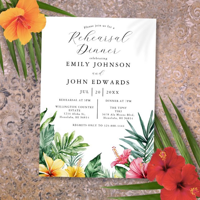 Invitación Acuarela Flores tropicales Ensayo Cena (Watercolor Tropical Flowers Rehearsal Dinner Invitation)