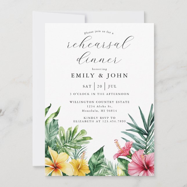 Invitación Acuarela Flores tropicales Ensayo Cena (Anverso)