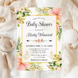 Invitación Acuarela Flores Tropicales Rosadas Baby Shower