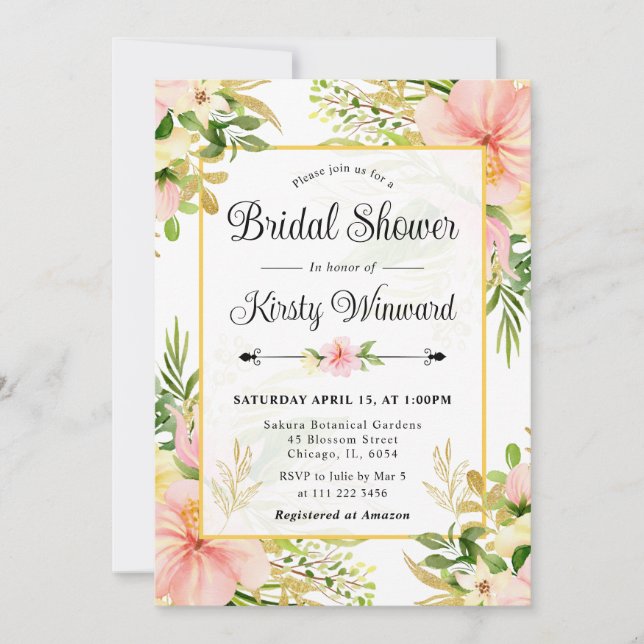 Invitación Acuarela Flores Tropicales Rosadas Despedida de So (Anverso)