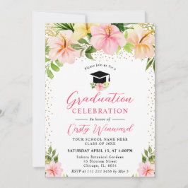 Invitación Acuarela Flores Tropicales Rosadas Graduación