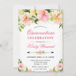 Invitación Acuarela Flores Tropicales Rosadas Quinceañera