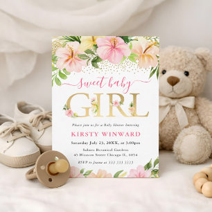 Invitación Acuarela Flores Tropicales Rosadas Shower de Bebé