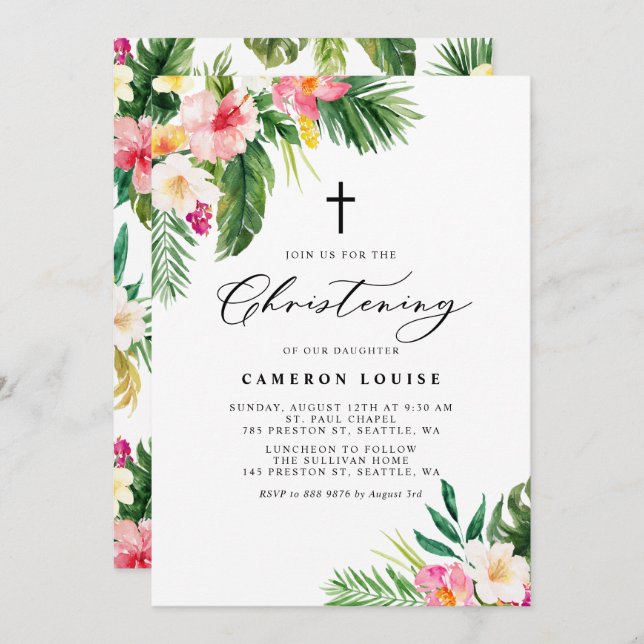 Invitación Acuarela Flores Tropicales Verano Christening (Anverso / Reverso)