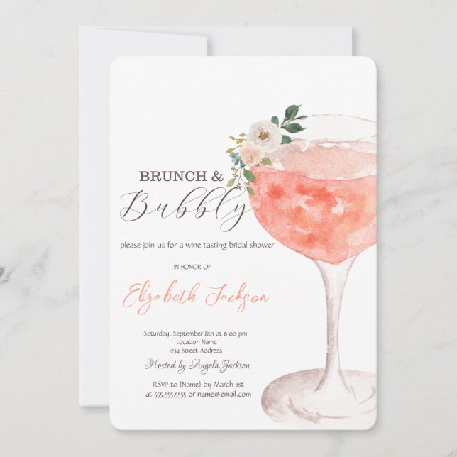 Invitación Acuarela Flores Vino Brunch y Burbujas (Anverso)