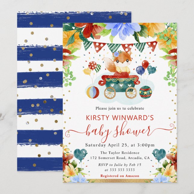 Invitación Acuarela Flores Zorro Baby Shower (Anverso / Reverso)