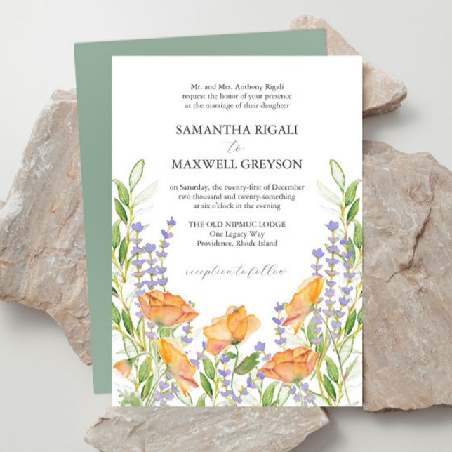 Invitación Acuarela Formal Boda de Flor Silvestre (Fairytale wedding invitations package features watercolor orange and lavender florals)