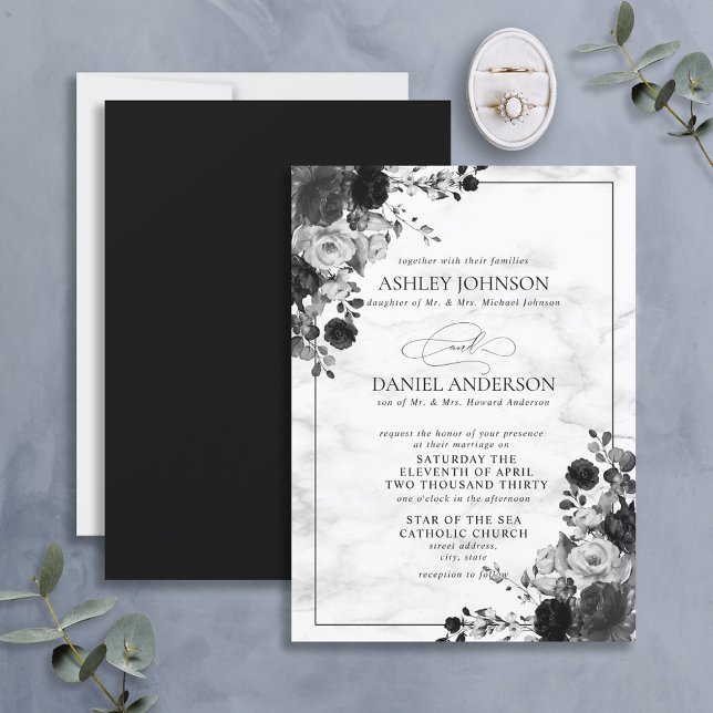 Invitación Acuarela formal de flores blancas y negras (Subido por el creador)