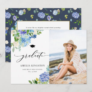 Invitación Acuarela Foto Floral de Hortensia Azul Graduación