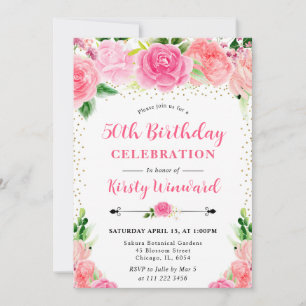 Invitación Acuarela Foto Rosas Rosadas Flores Cumpleaños 50