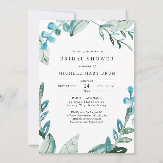 Invitación Acuarela Fresca Verde Azul Salta Ducha Bridal (Anverso)