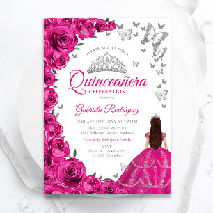 Invitación Acuarela Fuchsia Floral Rosa Quinceanera