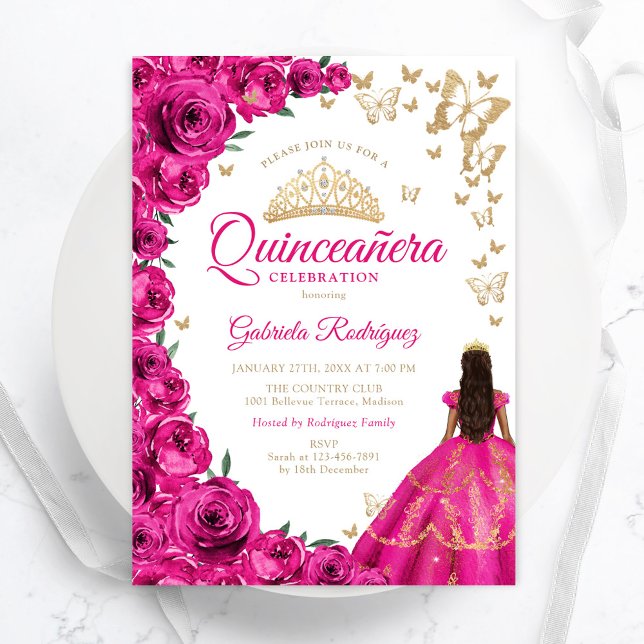 Invitación Acuarela Fuchsia Rosa Rosa Rosa Floral Quinceanera (Subido por el creador)