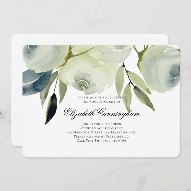 Invitación Acuarela fúnebre floral y follaje conmemorativo (Anverso / Reverso)