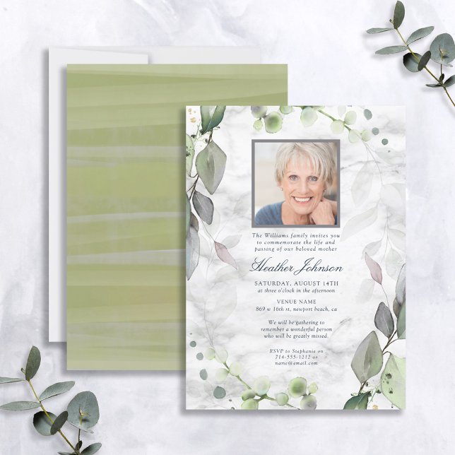 Invitación Acuarela Funeral Vegetación Botánica Marble Foto (Subido por el creador)