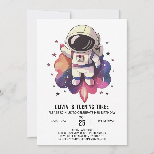 Invitación Acuarela Galaxy Wonderland Astronauta Cumpleaños (Anverso)