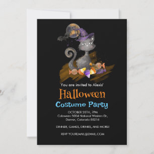 Invitación Acuarela Gato negro con caramelos, Halloween