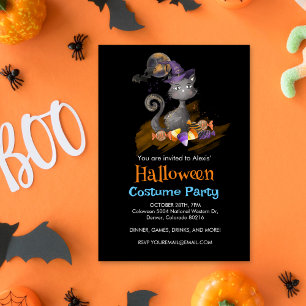 Invitación Acuarela Gato negro con caramelos, Halloween