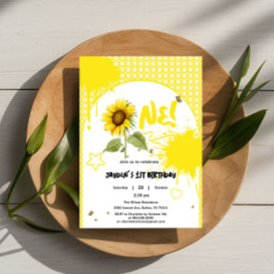 Invitación Acuarela Girasol con Mariposas Cumpleaños 1